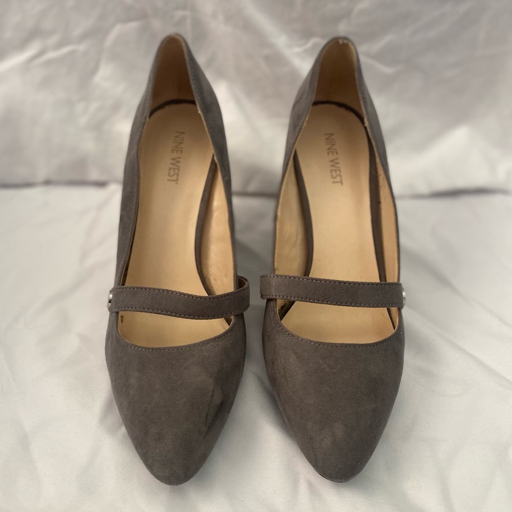 Gray Suede Nine West Chunky Heel Pumps